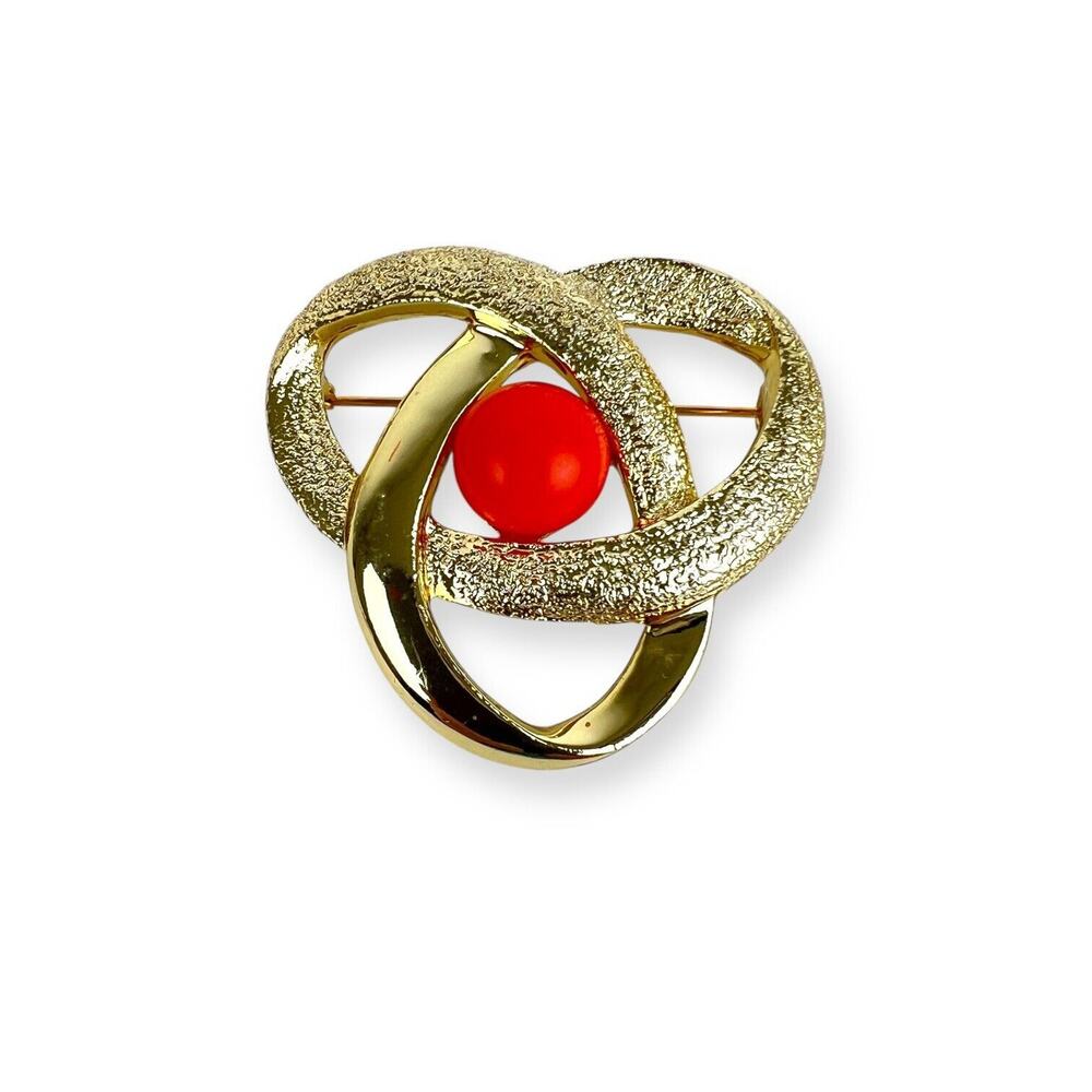 Sarah Coventry Brooch Orbit Faux Coral Orange Bead Textured Gold Tone Atomic Vtg - Picture 4 of 5